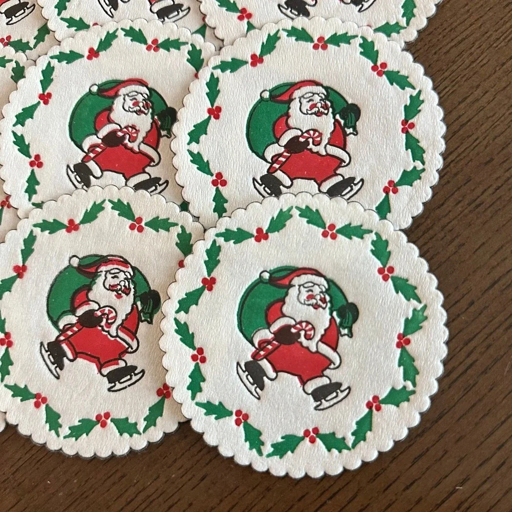 Vintage Skating Santa Christmas Paper‎ Coasters Set of 12 Scalloped Edge Holly